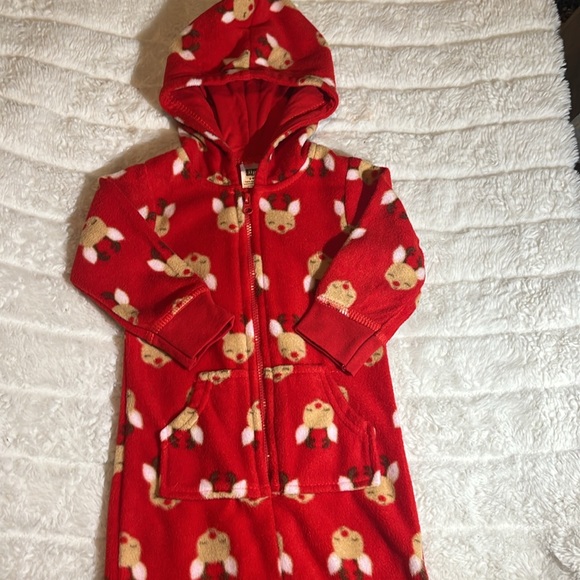 HB reindeer pajamas with a hoodie. Sz 6-9 mos. Red. Zip front - Picture 5 of 7